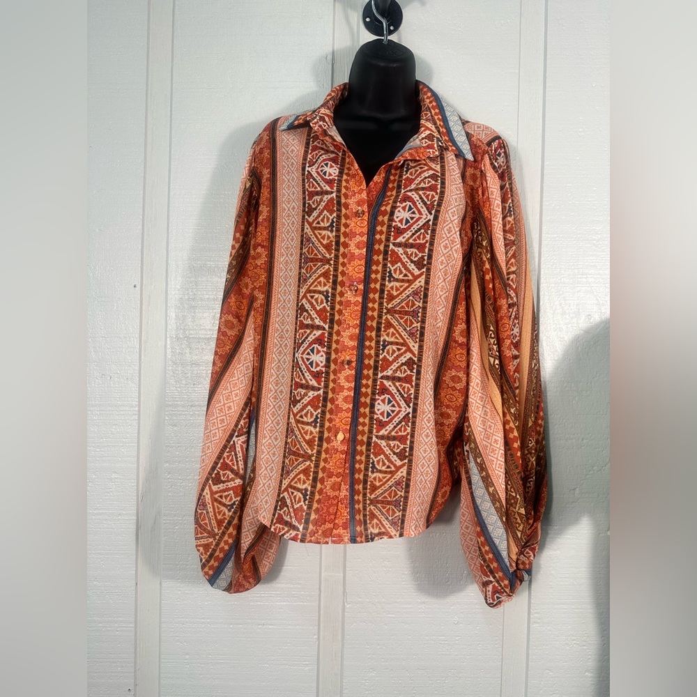 Flying Tomato Orange Aztec Boho Balloon Sleeve Button Down Blouse Size Large EUC